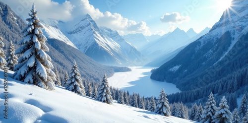 The Ossola Valley with snow-covered trees and a frozen lake in the distance, serene, mountain