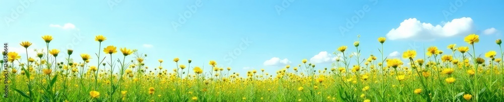 Tall yellow and green wildflowers against a blue sky, countryside, wildflowers Tall yellow and green wildflowers against a blue sky, countryside, wildflowers