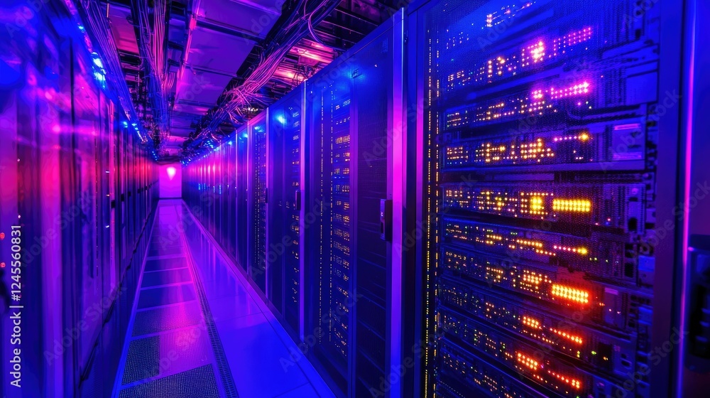 Fototapeta premium A brightly lit server room featuring rows of high-tech servers illuminated by colorful LED lights.