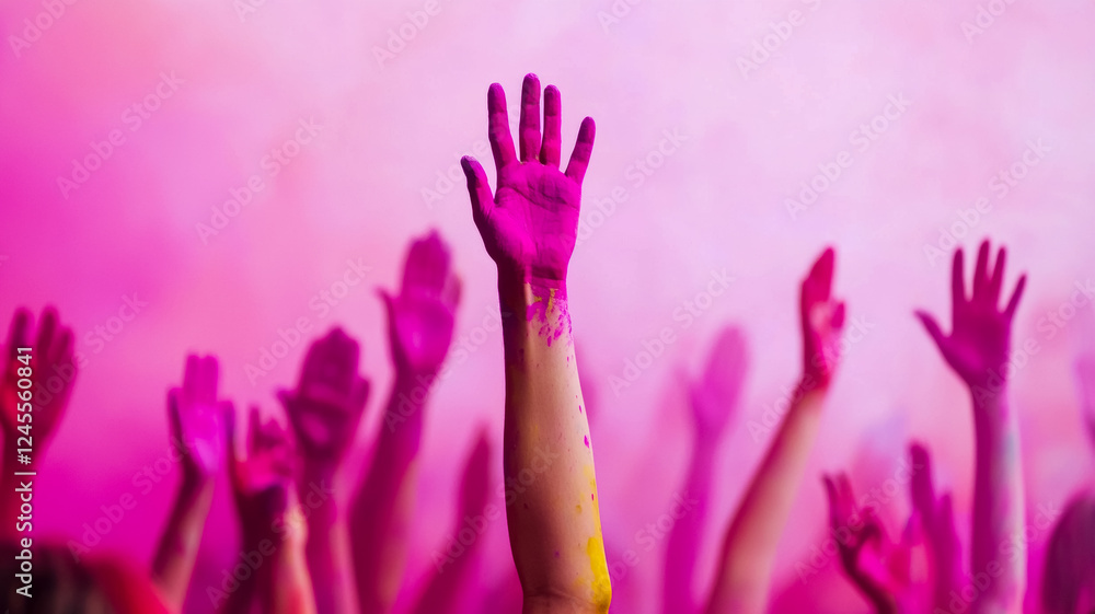 Colorful hands reaching up in celebration, covered in pink powder, surrounded by a soft, vibrant atmosphere, Holi festival. Colorful hands reaching up in celebration, covered in pink powder, surrounded by a soft, vibrant atmosphere, Holi festival.