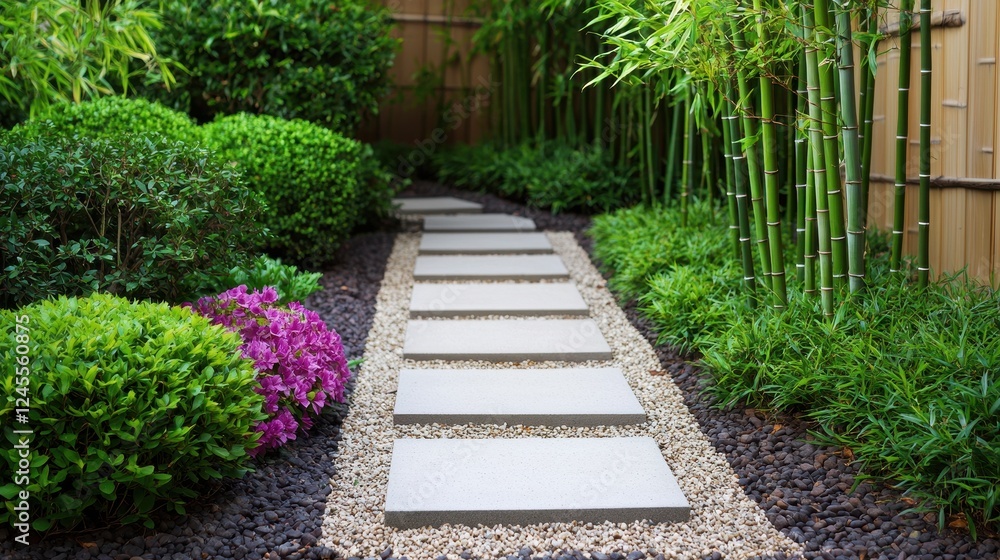 Serene Garden Pathway Surrounded by Lush Greenery and Stones Serene Garden Pathway Surrounded by Lush Greenery and Stones