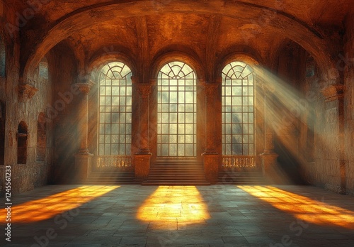 Grand Medieval Hall with High Stone Walls and Arches Featuring Elegant Stairs and Balcony