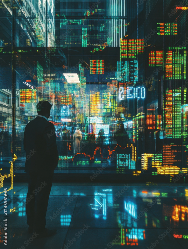 A surreal stock exchange with floating numbers, abstract stock charts, and traders A surreal stock exchange with floating numbers, abstract stock charts, and traders