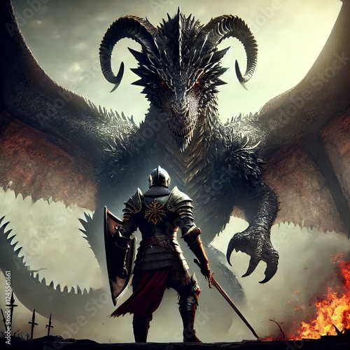 A brave knight faces a formidable dragon. Fire rages, and the knight stands his ground, ready for battle. The dragon looms large, its eyes glowing red.