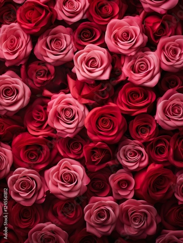 Vertical top view red and pink rose love and wedding decoration Valentines day background