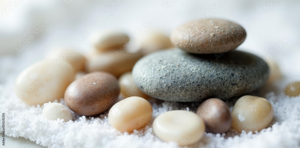 Smooth stones scattered on white towel with a single stick, mineral, stone Smooth stones scattered on white towel with a single stick, mineral, stone
