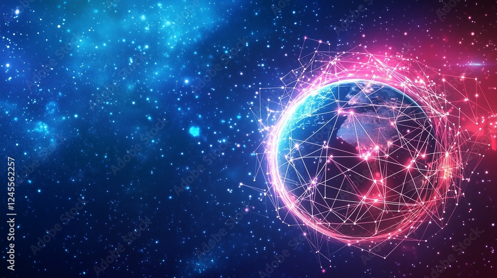A vibrant futuristic neon cyber space background showcasing a glowing globe interconnected with digital lines and nodes, set against a deep space backdrop filled with twinkling stars and abstract A vibrant futuristic neon cyber space background showcasing a glowing globe interconnected with digital lines and nodes, set against a deep space backdrop filled with twinkling stars and abstract