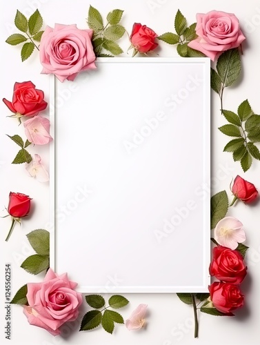 Vertical top view blank card red and pink rose love and wedding decoration Valentines day background