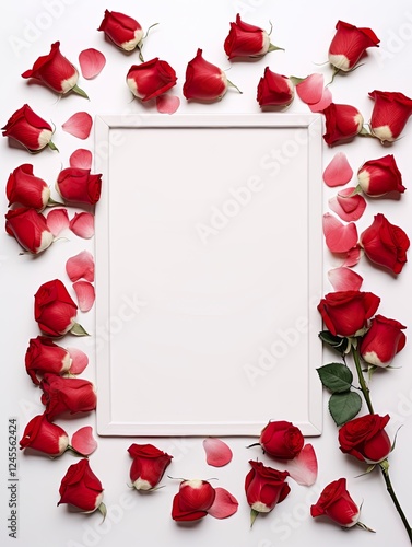 Vertical top view blank card red and pink rose love and wedding decoration Valentines day background