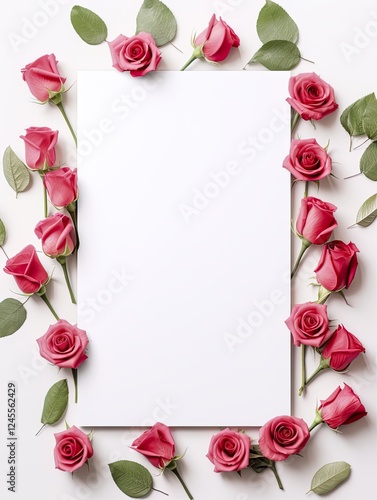 Vertical top view blank card red and pink rose love and wedding decoration Valentines day background