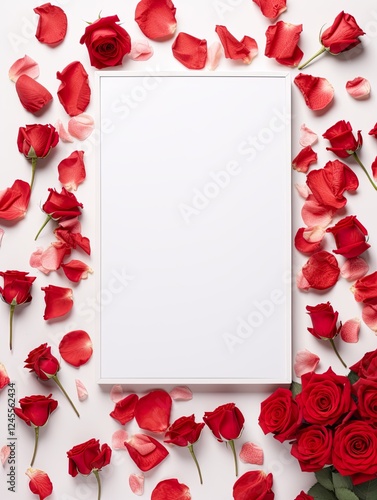 Vertical top view blank card red and pink rose love and wedding decoration Valentines day background
