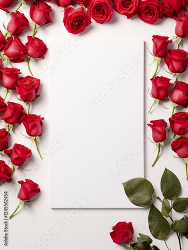 Vertical top view blank card red and pink rose love and wedding decoration Valentines day background