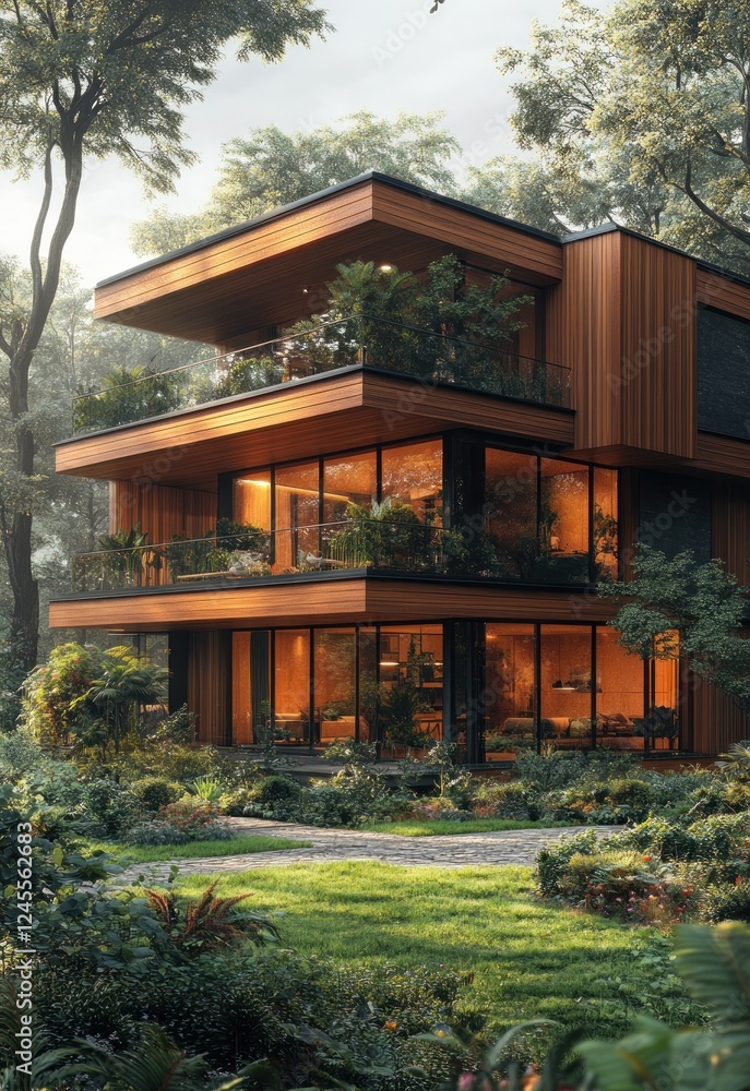 Wooden Row House with Balconies and Terrace in Serene Suburban Setting Wooden Row House with Balconies and Terrace in Serene Suburban Setting