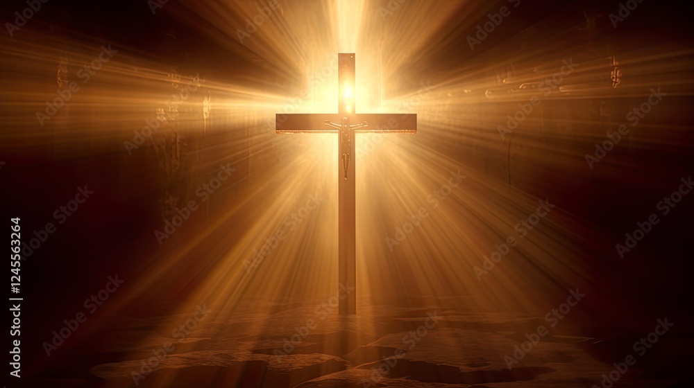 Naklejka premium Silhouette Holy cross concept symbol on top mountain&nbsp;Resurrection background with sunlight