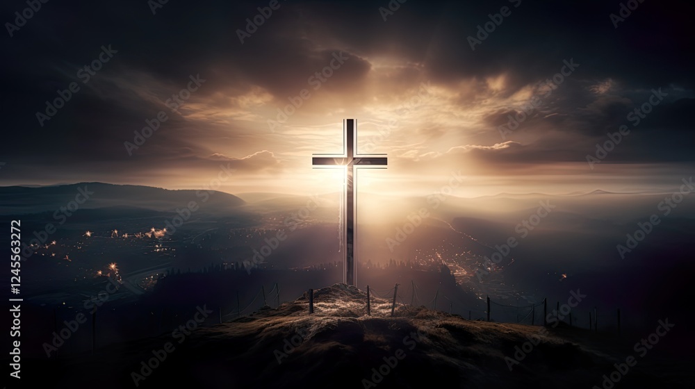 Naklejka premium Silhouette Holy cross concept symbol on top mountain&nbsp;Resurrection background with sunlight
