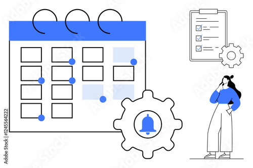 Large calendar with blue markers and gear, checklist clipboard with checkmarks and gear, thoughtful woman holding paper. Ideal for productivity, organization, planning, reminders, time management