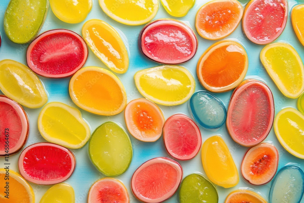 Colorful Citrus Fruit Slices in Water on Blue Background Colorful Citrus Fruit Slices in Water on Blue Background