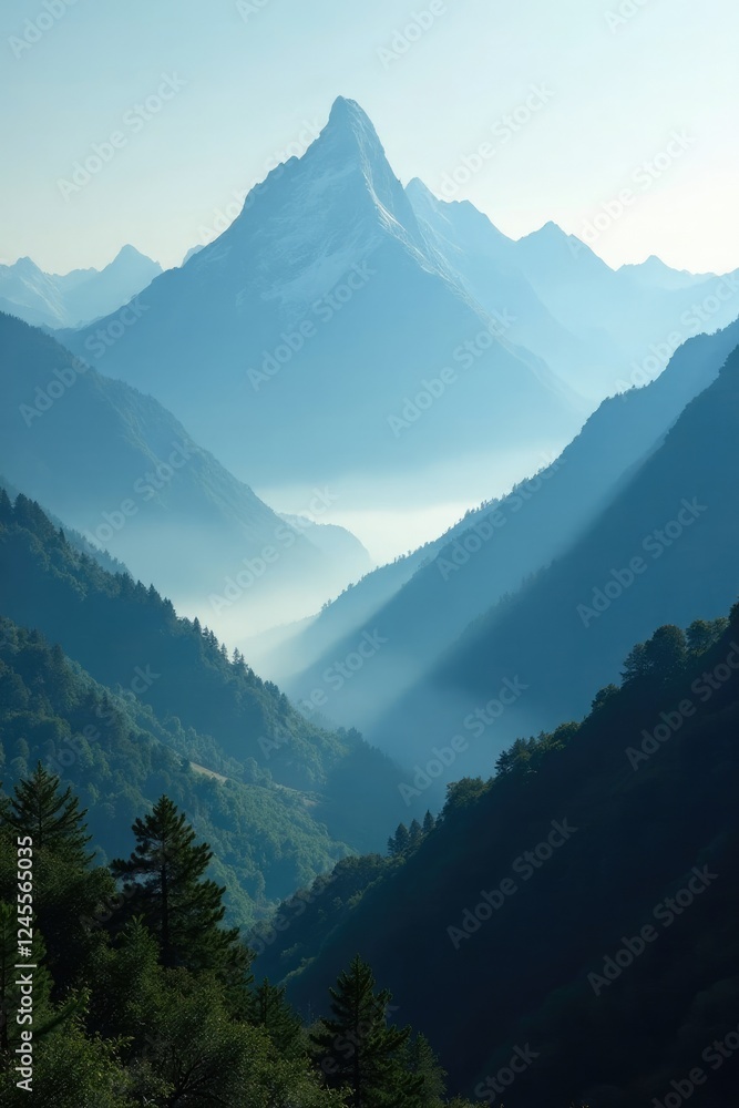 Fototapeta premium misty mountain peaks rising from foggy valley, valley, fog, landscape