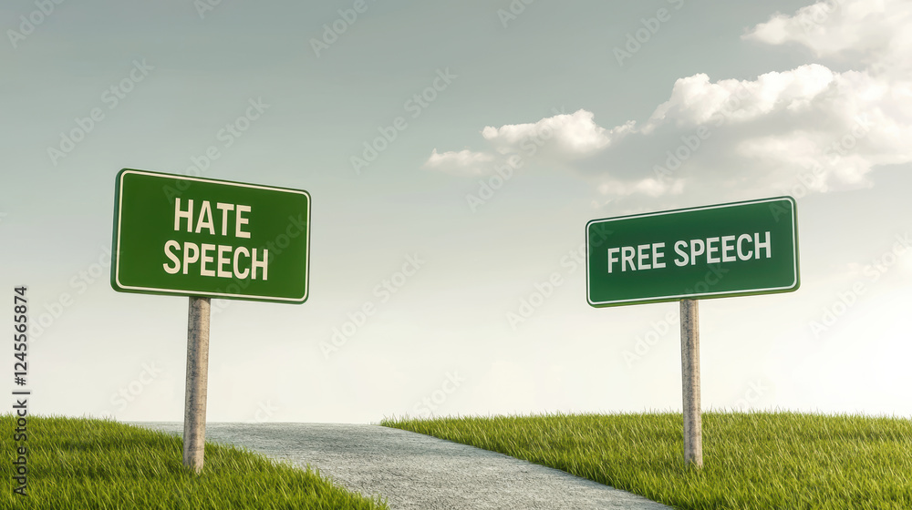 A pathway divides two signs: one for A pathway divides two signs: one for