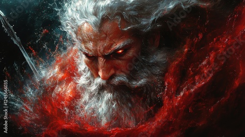 3d painting of Poseidon emerging the sea in dynamic paint splashes of red and silver His piercing eyes glow with fury the silver trident gleams all highlighted against a deep black background