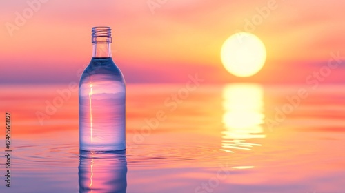 sunset water drinking portrait, luminous solar disk, transparent bottle reflections, gentle pastel sky, pure refreshment scene, minimalist composition, serene moment photo