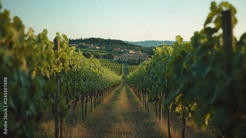 Naklejka premium Vineyard rows leading to a Tuscan farmhouse at sunset.