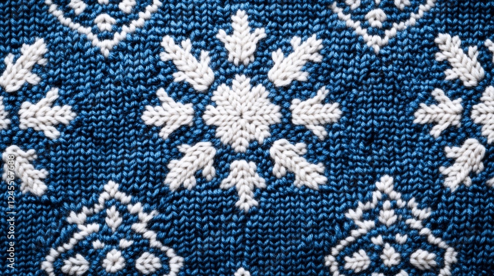 A close-up of a blue and white knitted pattern featuring snowflake designs. A close-up of a blue and white knitted pattern featuring snowflake designs.