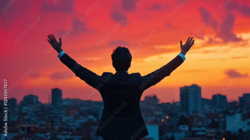 A silhouetted business man in a suit raises arms against a vibrant sunset over a cityscape, symbolizing achievement and freedom. A silhouetted business man in a suit raises arms against a vibrant sunset over a cityscape, symbolizing achievement and freedom.