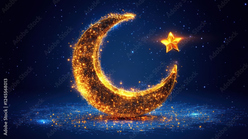 Fototapeta premium Glowing crescent moon and star on dark blue background.