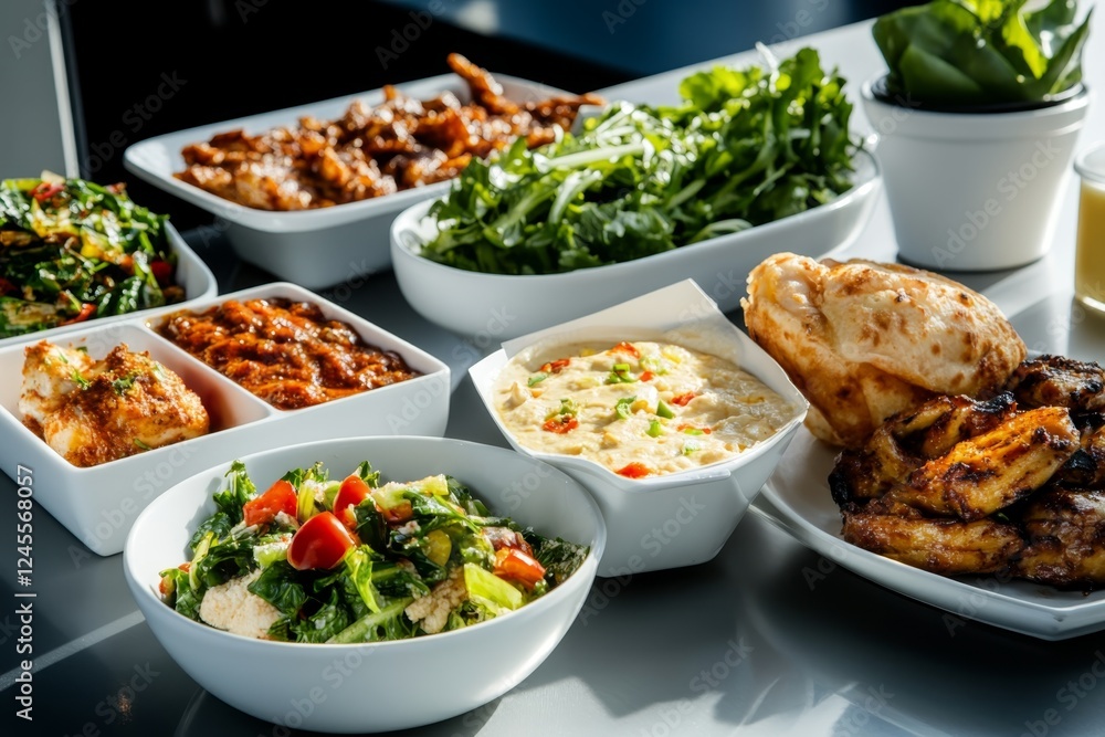 Diverse spread of delicious dishes served at a modern dining table in sunlight Diverse spread of delicious dishes served at a modern dining table in sunlight