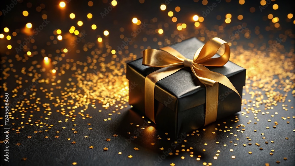 Elegant Black Gift Box with Golden Ribbon & Confetti - Minimalist Dark Background Stock Photo Elegant Black Gift Box with Golden Ribbon & Confetti - Minimalist Dark Background Stock Photo