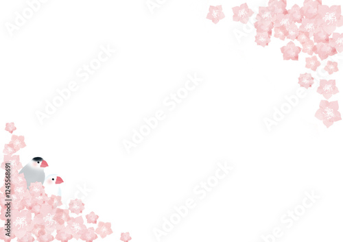 水彩で描いたピンクの花と文鳥のフレーム