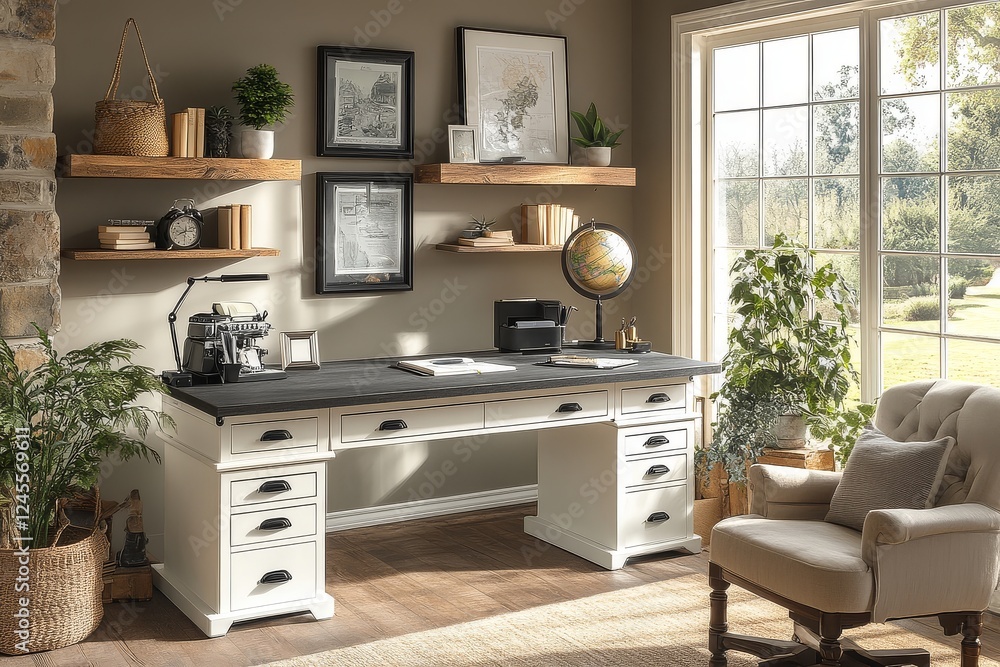 Fototapeta premium Modern white and black standing desk with dark gray top, open shelves, and stylish drawers. Elegant home office setup with armchair, open book, framed pictures, and a decorative globe.