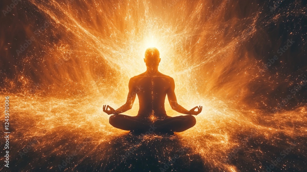 a person connected to itself creating energy in all his body in a meditatation sitting position. you can see energy around him spreading