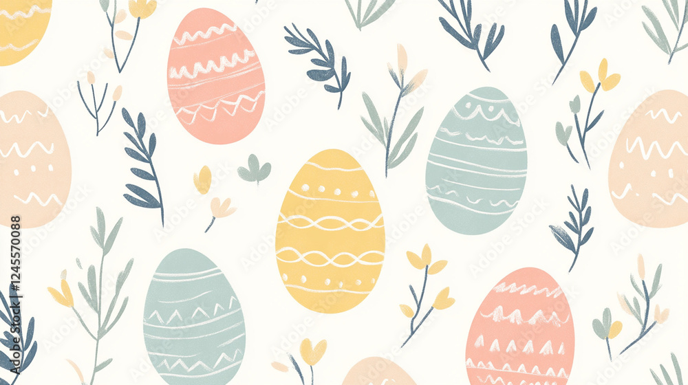 Delicate pastel Easter egg seamless pattern, botanical hand-drawn elements, soft watercolor texture Delicate pastel Easter egg seamless pattern, botanical hand-drawn elements, soft watercolor texture