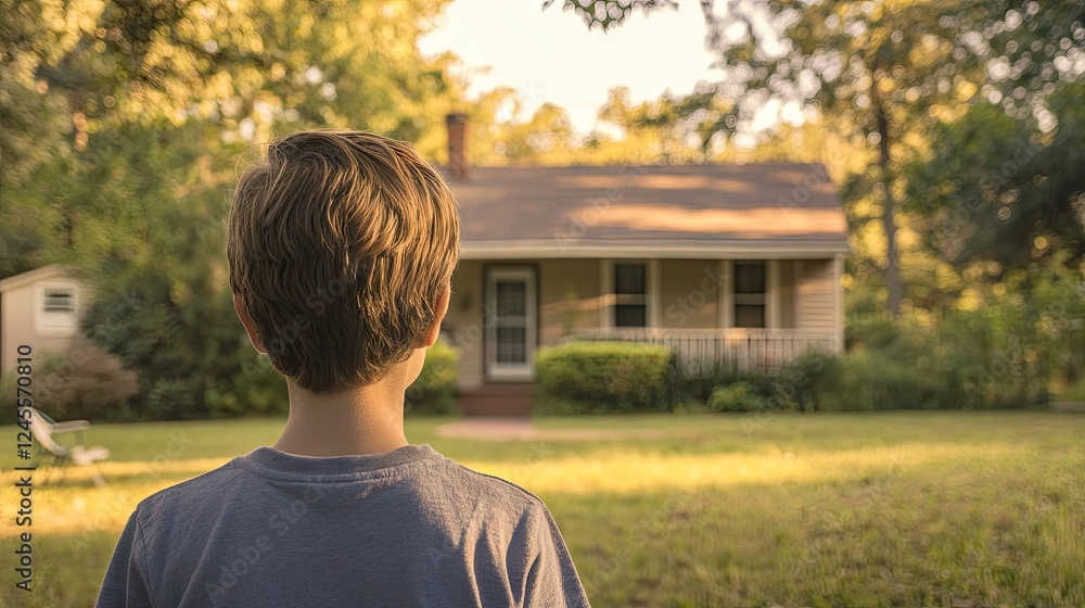 Fototapeta premium A person gazing at a childhood home from a distance, with a thoughtful expression.