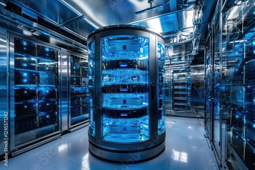 Specialized cryogenic server room designed to facilitate the operation of superconducting quantum processors. photo