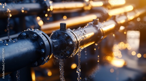 Wallpaper Mural water purification plant, metallic pipeline array, flowing water streams, sunlit water droplets, industrial architecture, environmental conservation, high-resolution photography, depth of field, Torontodigital.ca