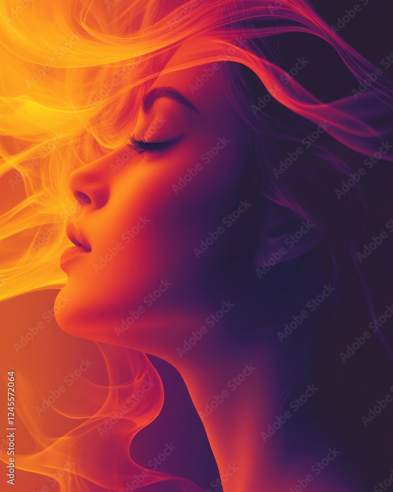Dreamy Woman Profile with Abstract Fire Flow and Vibrant Gradient Dreamy Woman Profile with Abstract Fire Flow and Vibrant Gradient