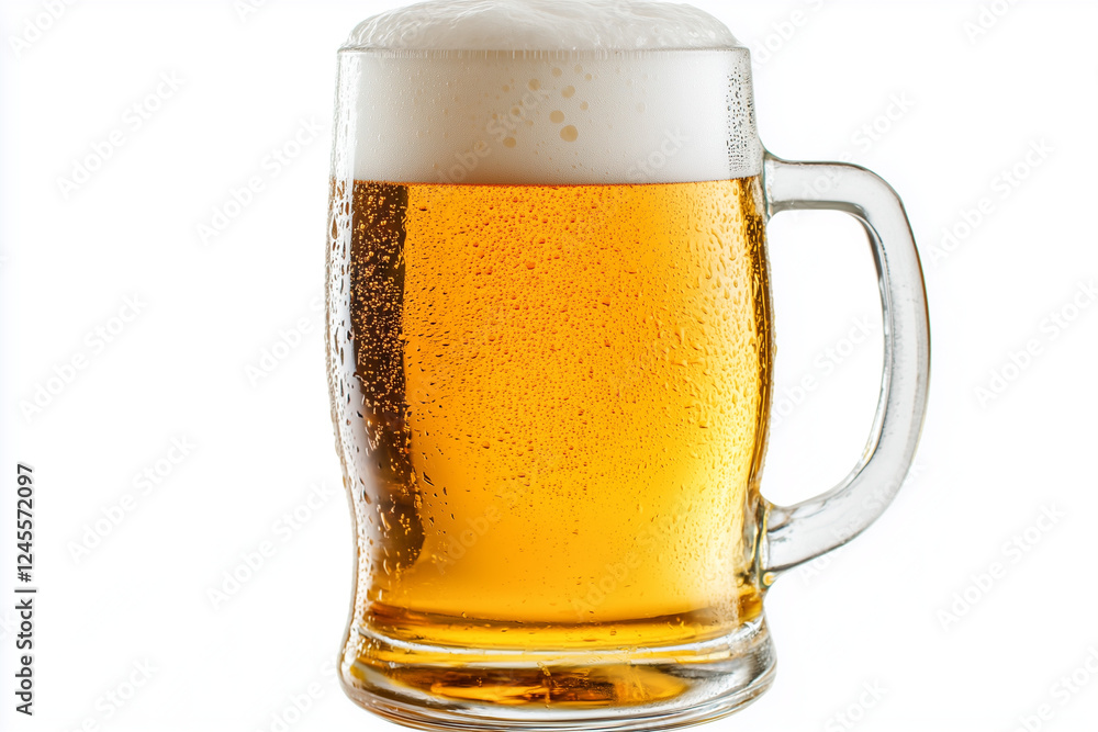 Selective focus cold beer isolated on white background, Close up shot glass of lager beer with foam on white. Selective focus cold beer isolated on white background, Close up shot glass of lager beer with foam on white.