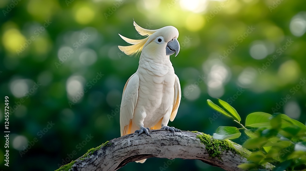 A vibrant white cockatoo perched on a moss-covered branch amidst a lush green background A vibrant white cockatoo perched on a moss-covered branch amidst a lush green background