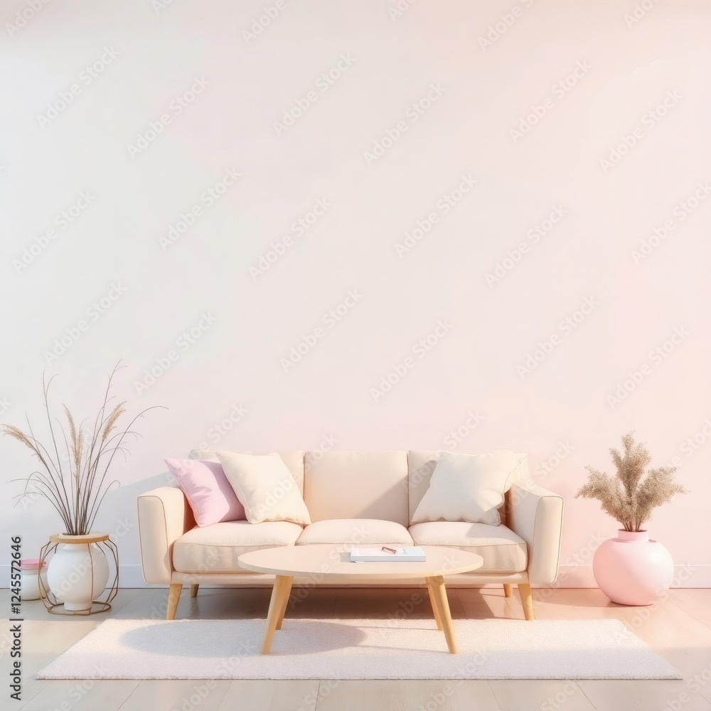 Minimalist living room with cozy furniture and decorative plants enhancing the modern ambiance Minimalist living room with cozy furniture and decorative plants enhancing the modern ambiance