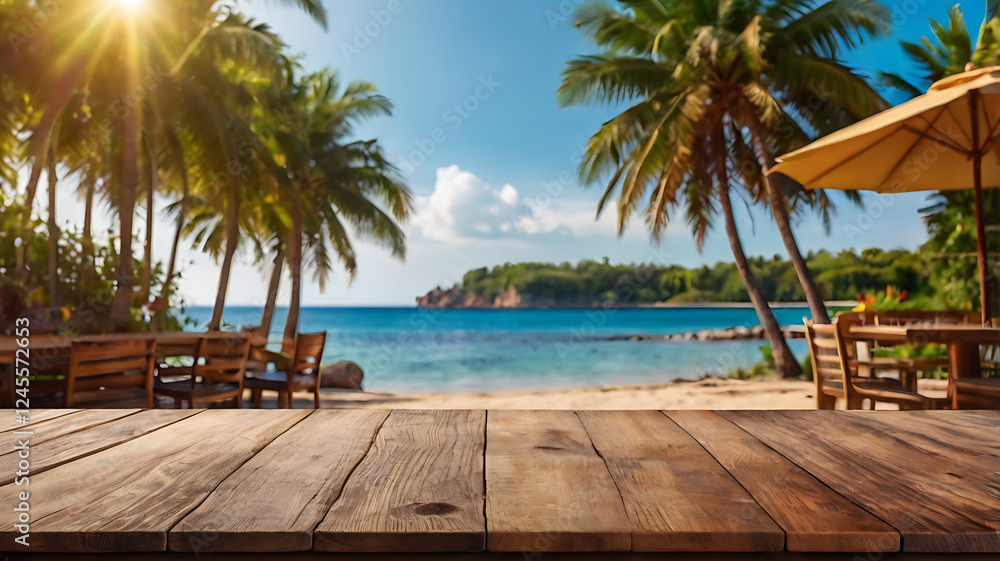 Fototapeta premium Tropical beach in the Maldives with palm trees, a wooden pier, and clear blue water
