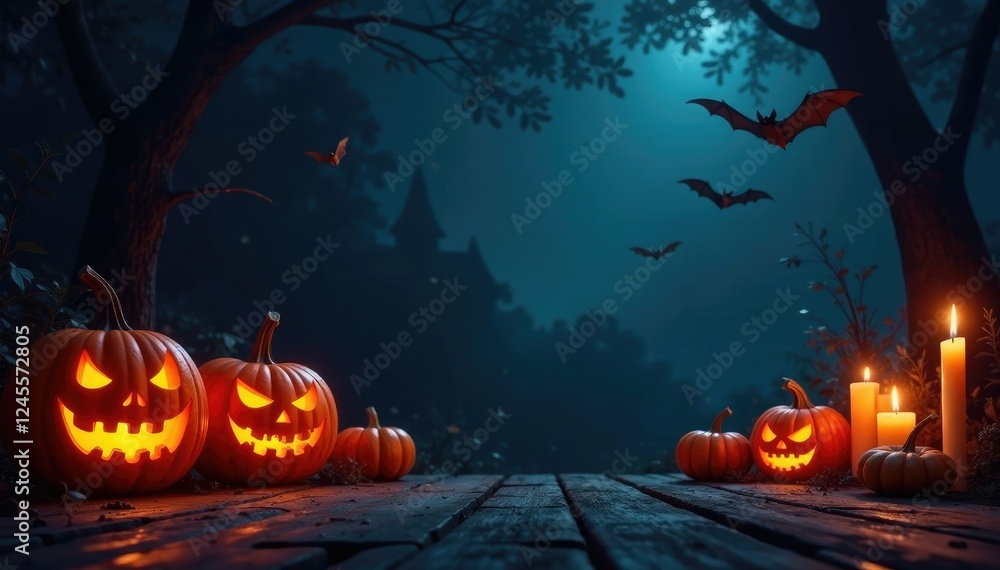 Fototapeta premium Darkened stage with glowing pumpkins candles and fluttering bats, Halloween, pumpkins, candles