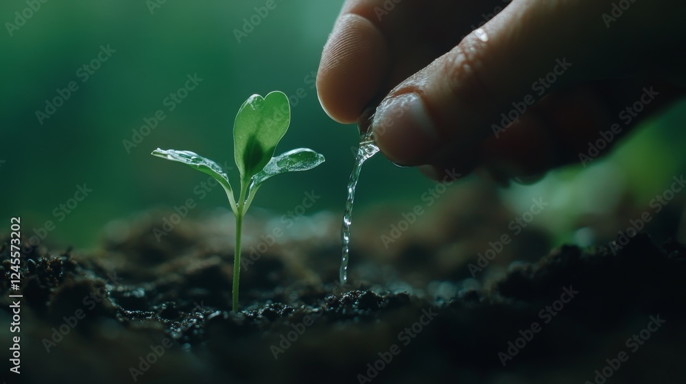 Fototapeta premium Detailed macro capture, human hand watering young sprout, pristine water drop, rich loamy soil texture, emerald green background blur, environmental documentary style