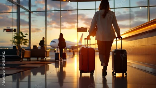 Passengers are walking on the airport terminal tarmac at sunset with an airplane taking off in the background travel video 4K