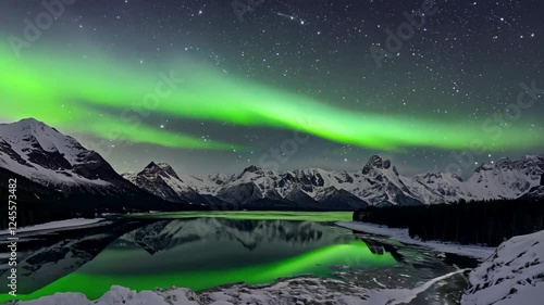 Wallpaper Mural Bright green aurora borealis dancing across the night sky over a calm mountain lake, reflecting in the still water. Concept of natural wonder and mystery Torontodigital.ca