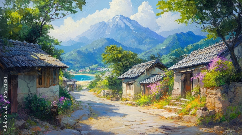 A vibrant, sunny street scene in a coastal town, A vibrant, sunny street scene in a coastal town,