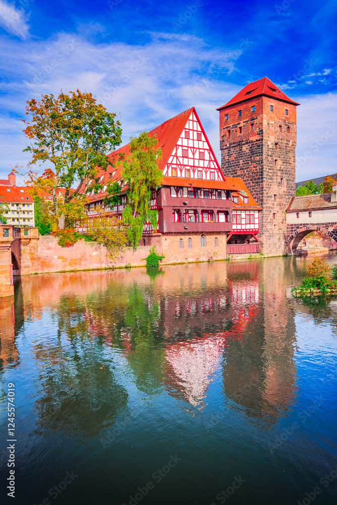 Nuremberg, Germany. Autumn colors on the banks of the Pegnitz River, Franconia - Bavaria.