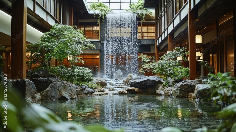 A serene indoor hot spring bath with calm water, A serene indoor hot spring bath with calm water,
